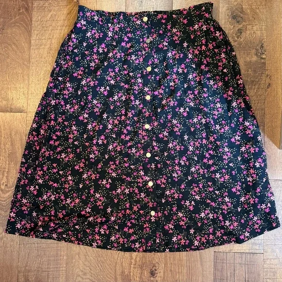 Draper James RSVP Floral Midi Skirt XL Black Pink Button Front Stretch Waist - Picture 2 of 5